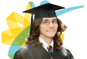 Student in graduation hat and gown in front of 360 logo