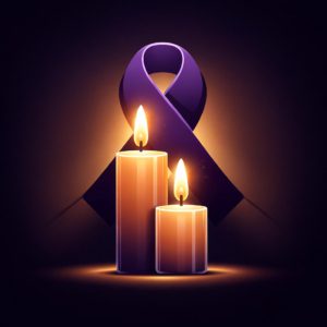 Two lit candles with a purple ribbon.